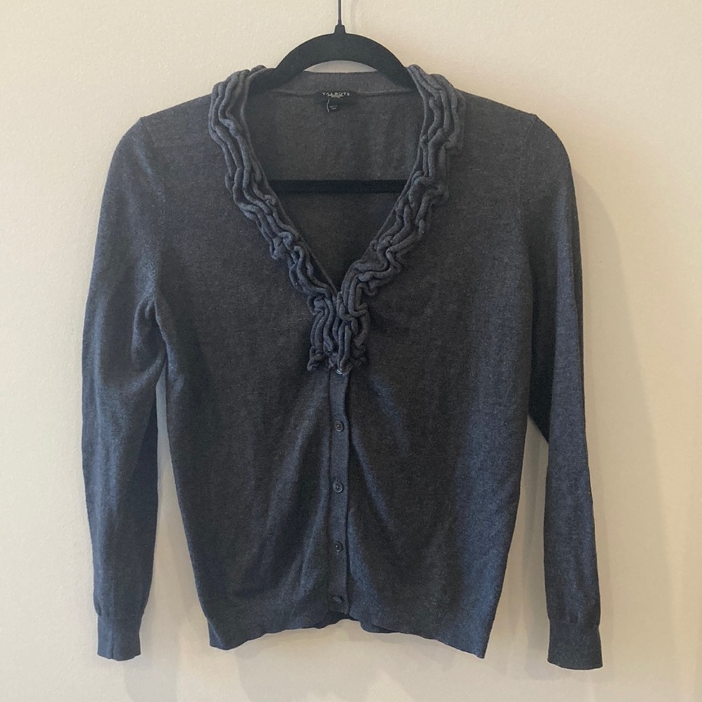 Talbots Petite Medium Gray Wool Blend Ruffle Casual Cardigan Sweater